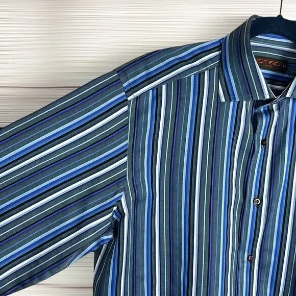 ETRO Milano Casual Button Up Shirt Cotton Blue Gray Striped Italy size 41 US 16 - Picture 7 of 12